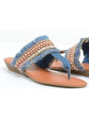 NEW Anna Shoes 7.5 Blue Denim Pearls Frayed Thong Wedge Summer Flat Sandals NIB